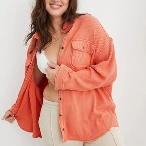 Aerie Sz L Lumberjane Waffle Relaxed Orange Button Front Shacket